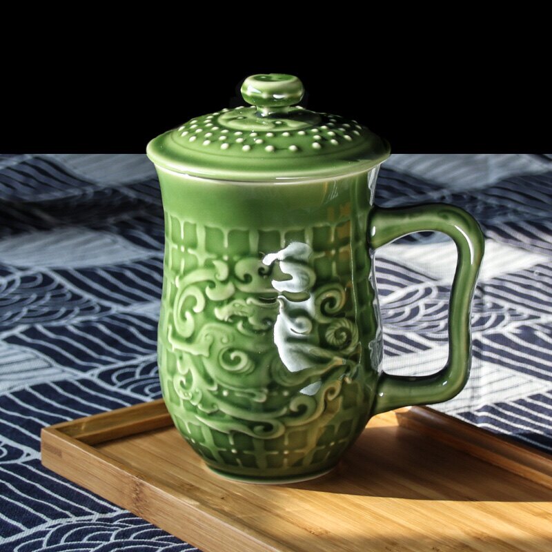 乾唐轩活瓷瓷杯势在必得喜凤来仪高杯办公泡茶带盖马克杯