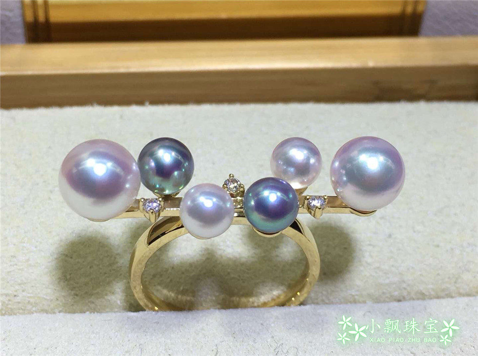 珍珠戒指多珠糖果色18k金日本日本天女akoya真多手饰