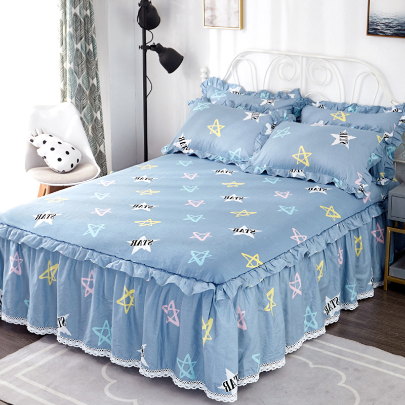 纯棉防尘花边件套床单保护床罩全棉床裙