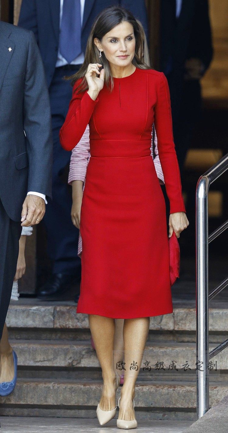 高端定制西班牙王妃同款修身红色连衣裙端庄优雅连衣裙