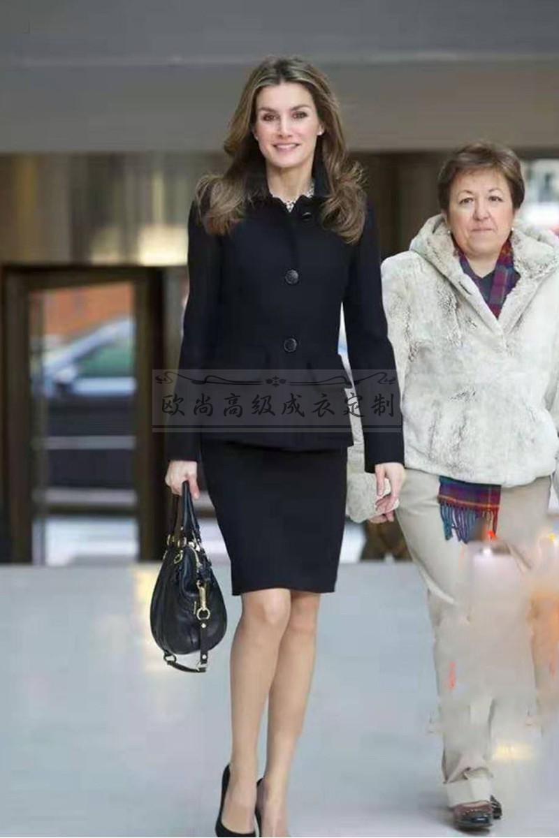 高端定制莱蒂齐亚西班牙王后同款黑色羊绒职业职业女裙套装