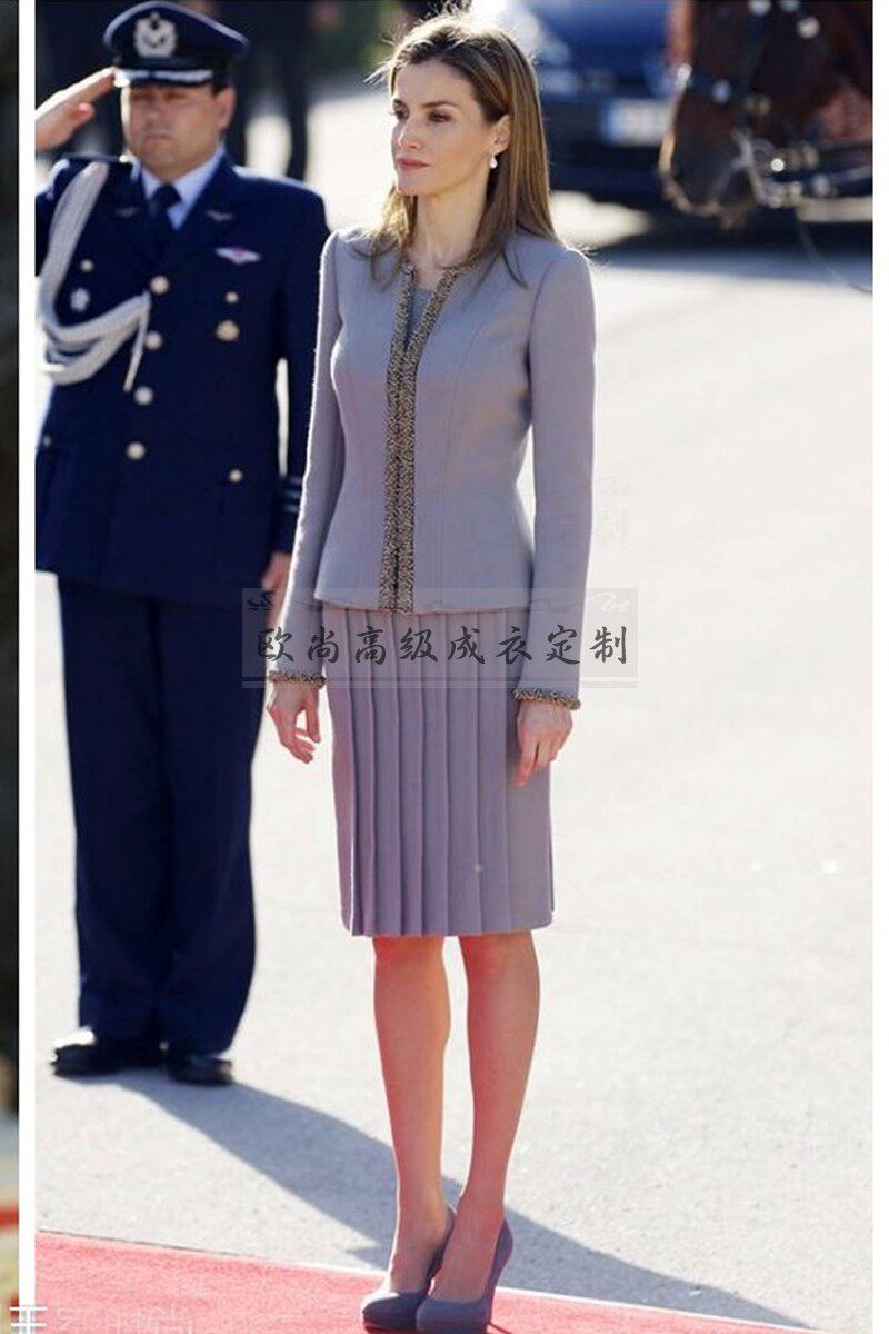 高端定制莱蒂齐亚西班牙王后灰色西装套装职业职业女裙套装