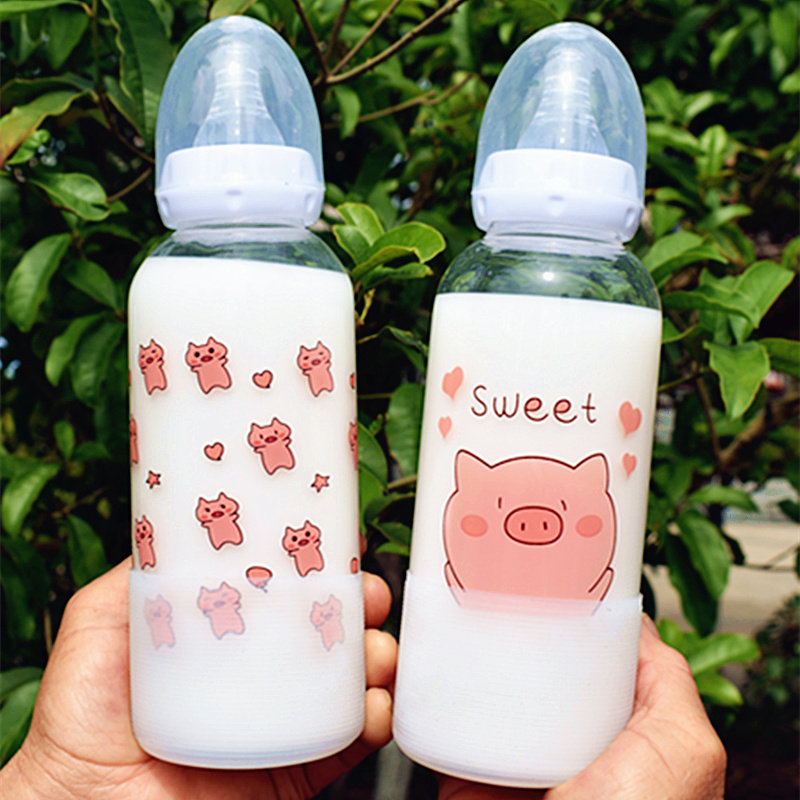 新创意新款韩国卡通小猪成人奶瓶学生粉嫩少女玻璃杯