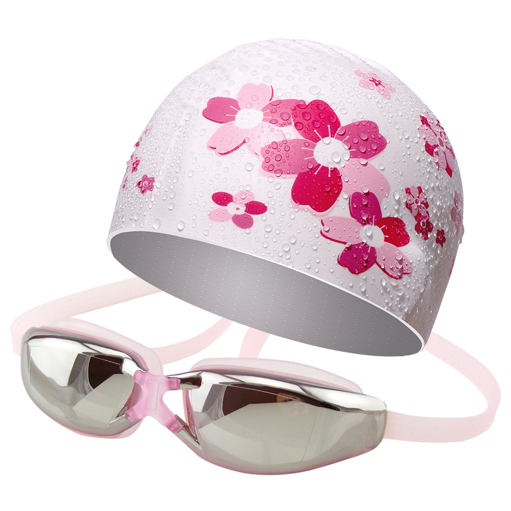 飞鱼游泳帽泳帽女成人儿童女童硅胶长发防水韩国时尚泳镜2件套装