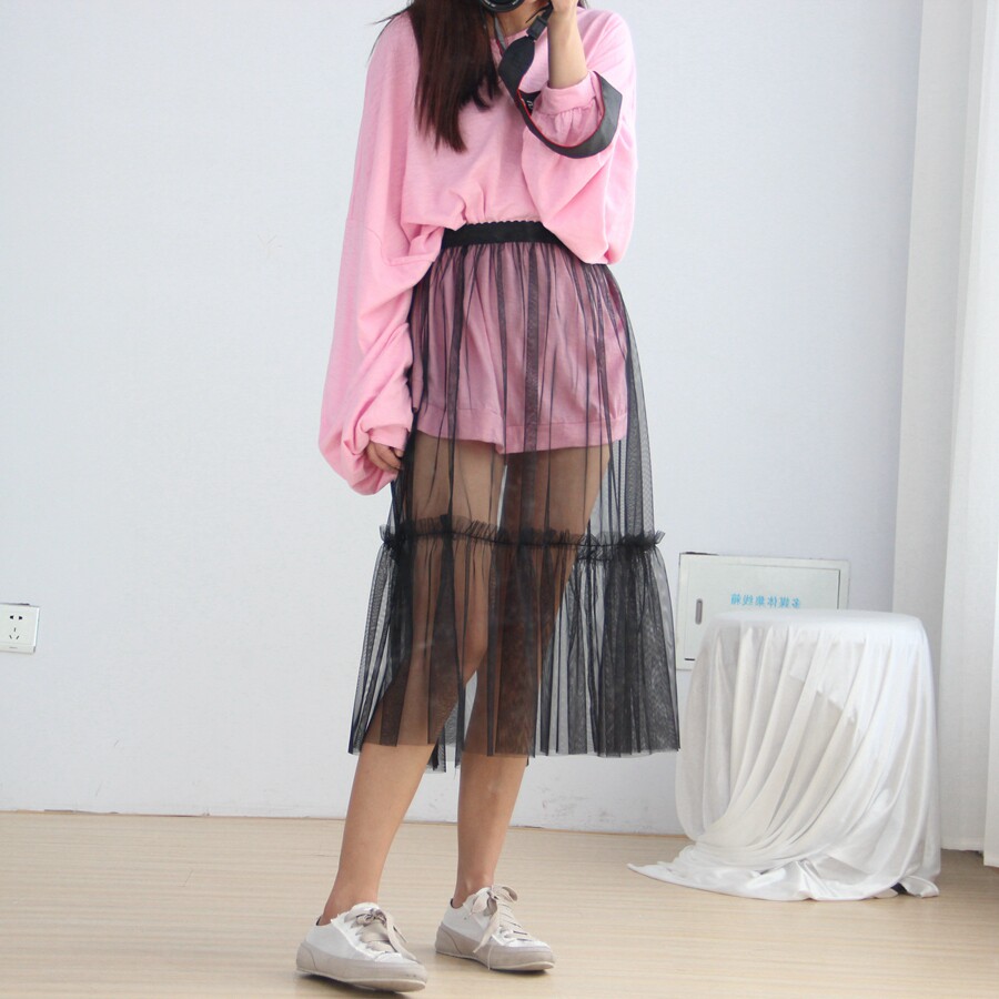 新款透明衬裙中长单层网纱半身鱼尾蕾丝透视半身裙