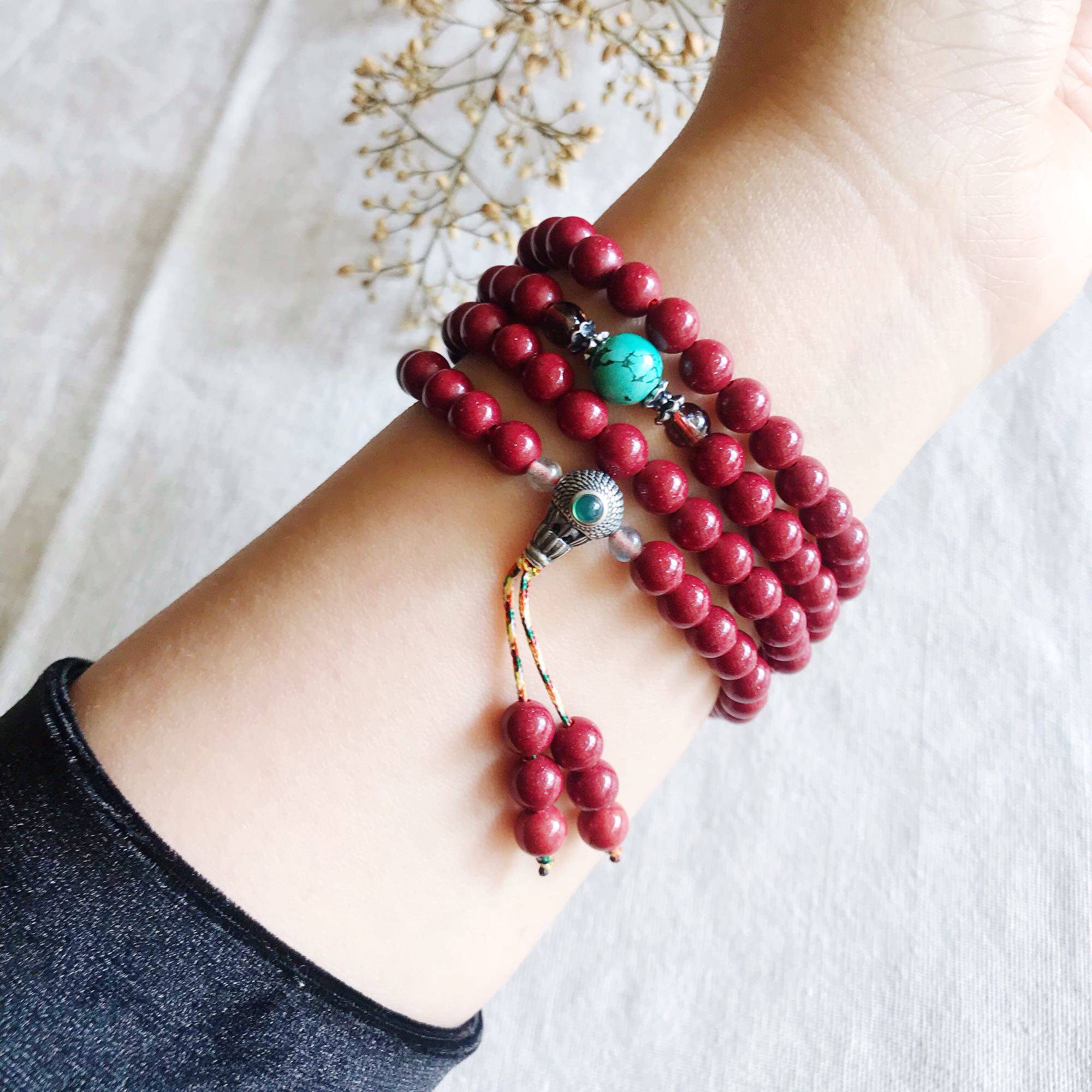 天然紫金晶原矿朱砂红手链女款108颗粒6mm佛珠手串本命年幸运礼物