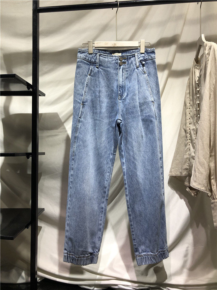 雅风裤脚收口松紧牛仔裤女前两粒扣高腰宽松小直筒牛仔裤