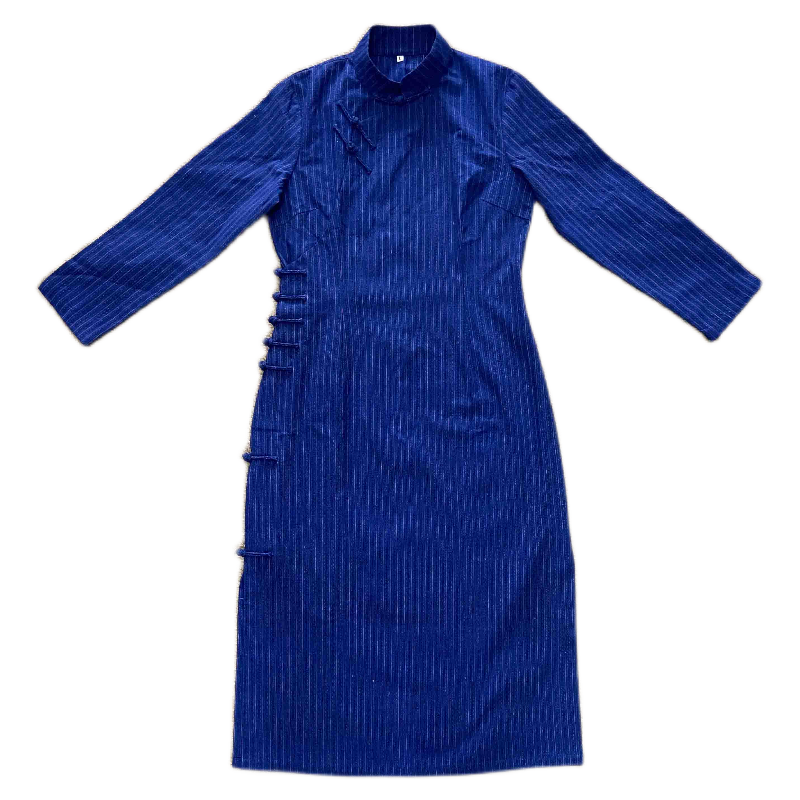 手工长款长袖改良开襟全开盘扣旗袍流桑土布旗袍