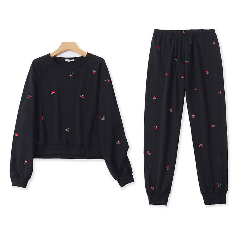 薄绒卫衣卫裤春秋新款外贸圆领宽松刺绣上衣卫衣