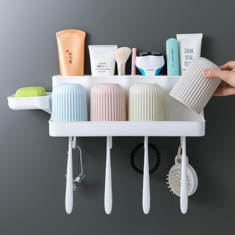 卫生间牙刷架置物架吸壁挂墙式免打孔多功能洗漱口杯架套装刷牙杯