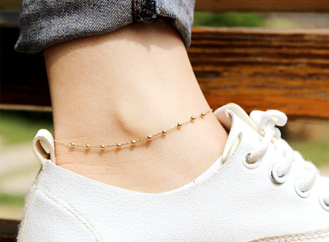 脚链14k黄金精致时尚珠珠圆珠au585金脚环金脚链脚饰