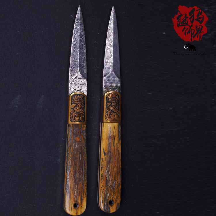 保真猛犸猛犸象象牙制刀柄大马士革茶刀皮制文玩茶道茶道