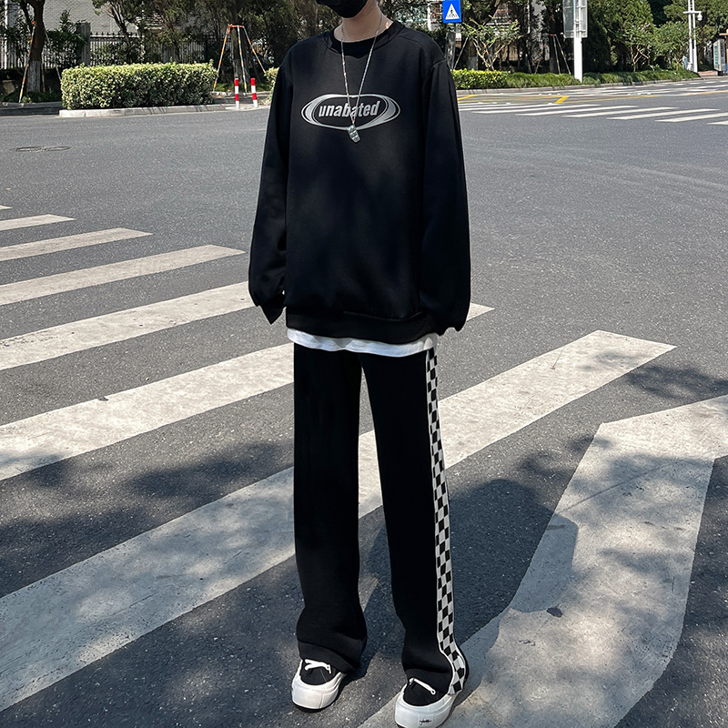 黑色棋盘格子阔腿裤女春秋冬宽松直筒运动裤加绒加厚显瘦休闲卫裤