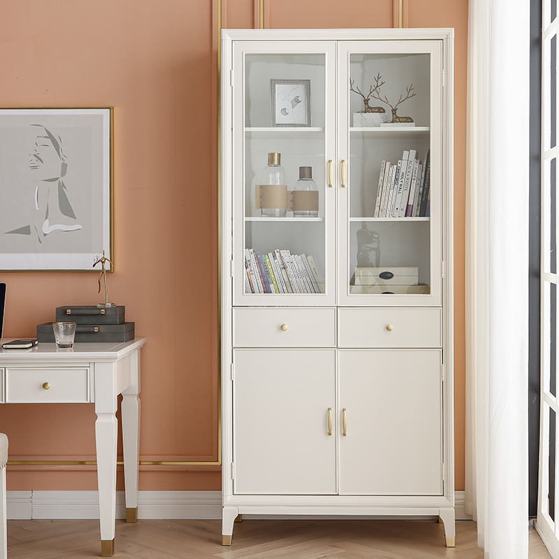 美式玻璃门收纳白色落地组合物柜柜置轻奢书柜单个书柜