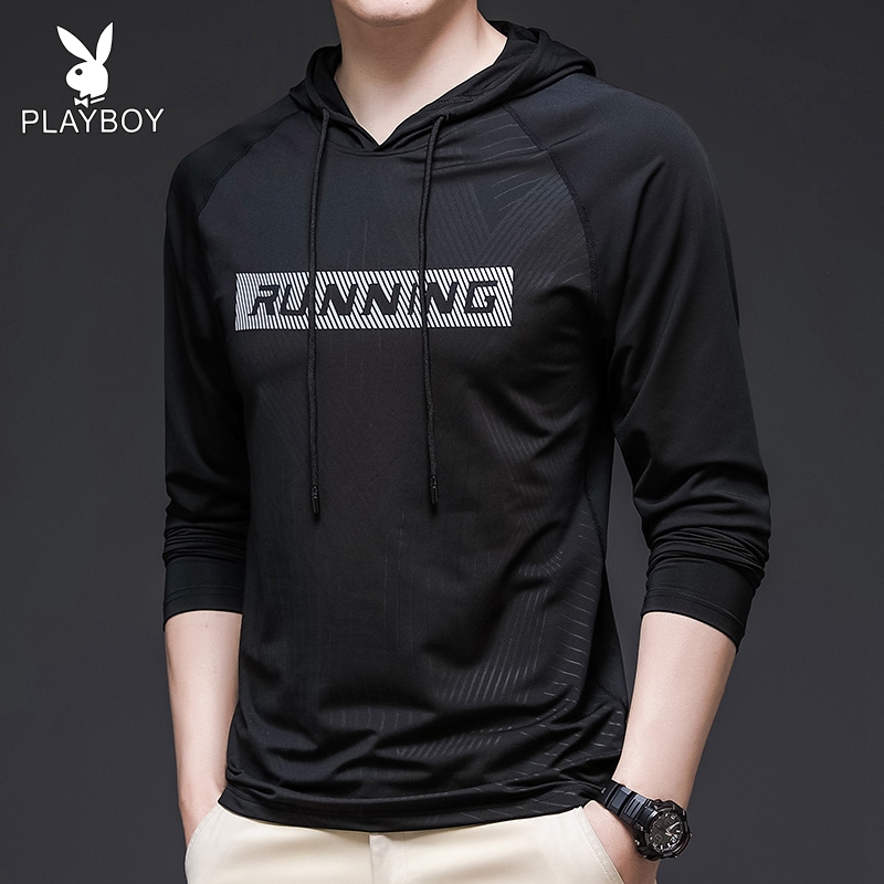 花花公子长袖T恤男时尚印花健身跑步冰丝速干连帽上衣男士打底衫