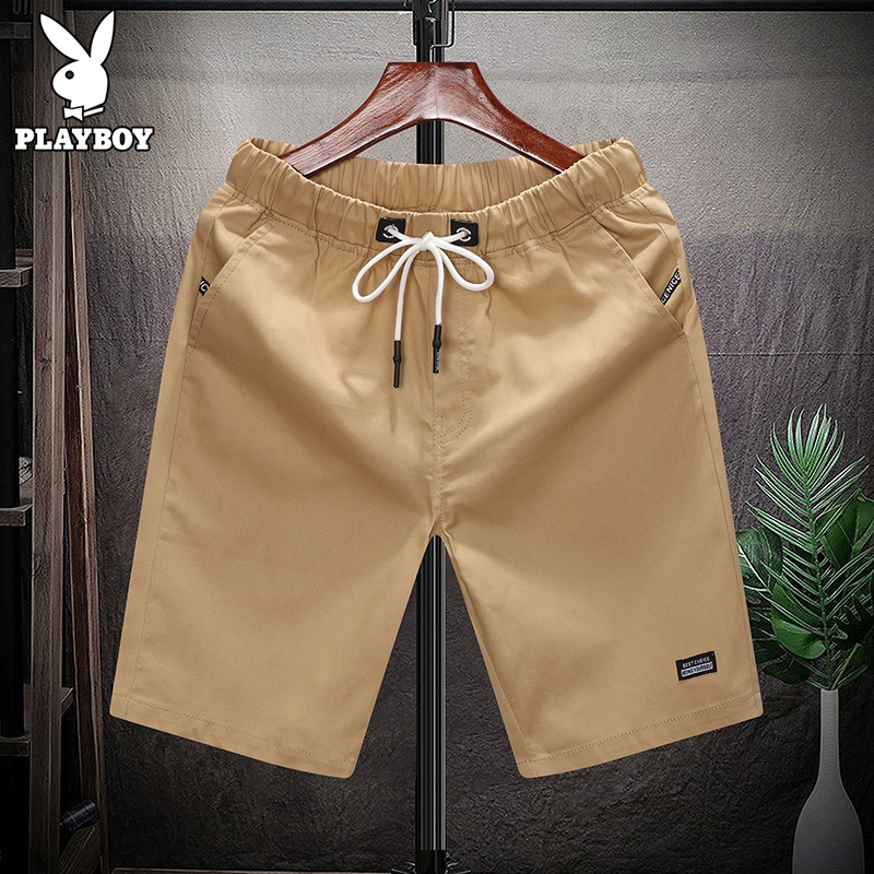 花花公子休闲短裤男夏季冰丝外穿卡其色宽松沙滩裤大裤衩五分中裤