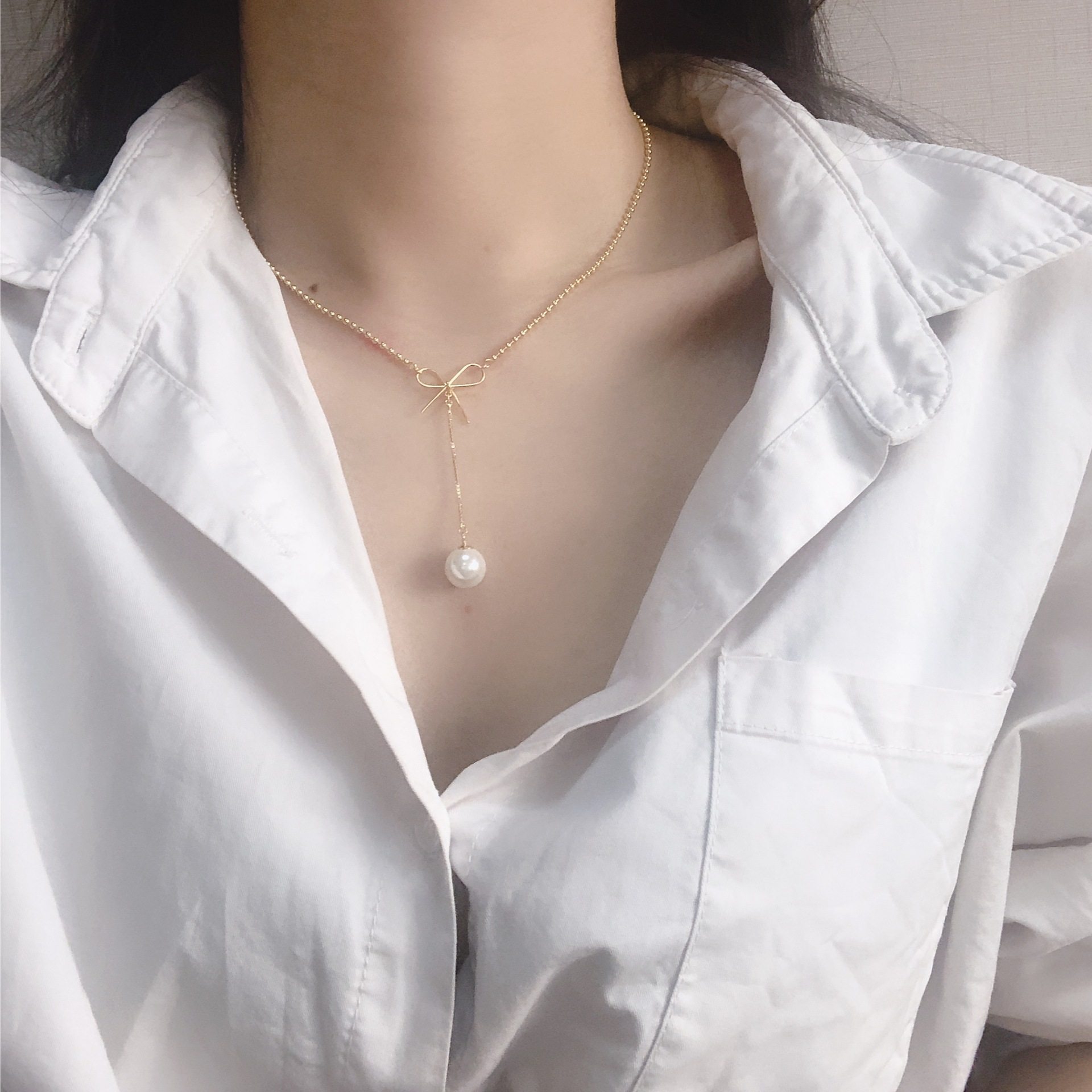 蝴蝶结珍珠项链纯银ins甜美潮流短款chocker森系项链