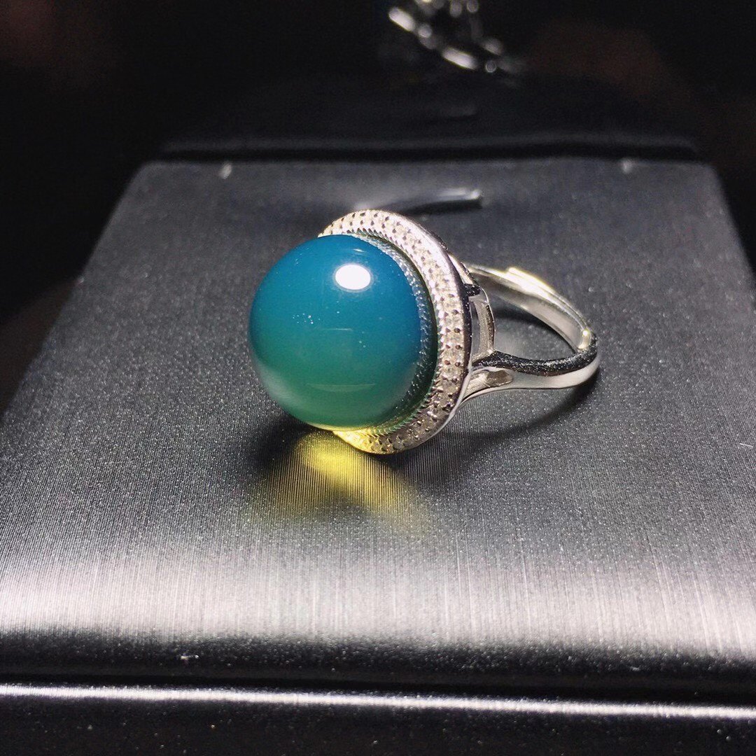 墨西哥蓝珀戒指1516m3a净水大珠s925银镶开口指圈戒指