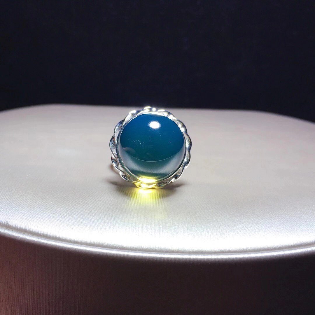 墨西哥蓝珀戒指精选15mm净水珠子s925精工镶嵌戒指