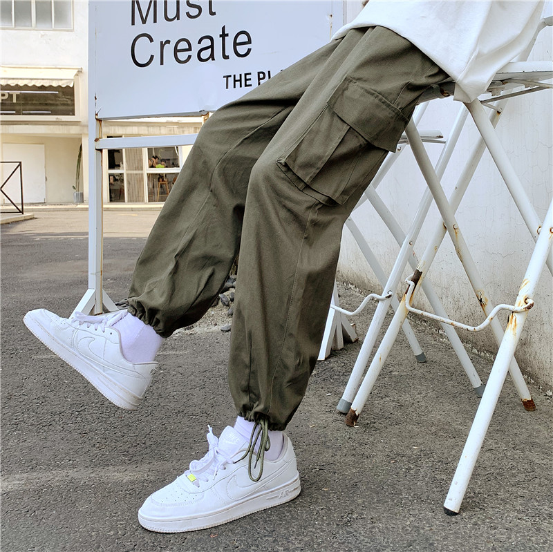 抽绳束脚工装裤男夏季薄款潮牌痞帅裤子ins港风韩版潮流休闲长裤