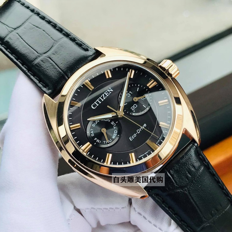 代购西铁城Citizen手表黑金皮带复古酒桶防水双眼日历光动能男表
