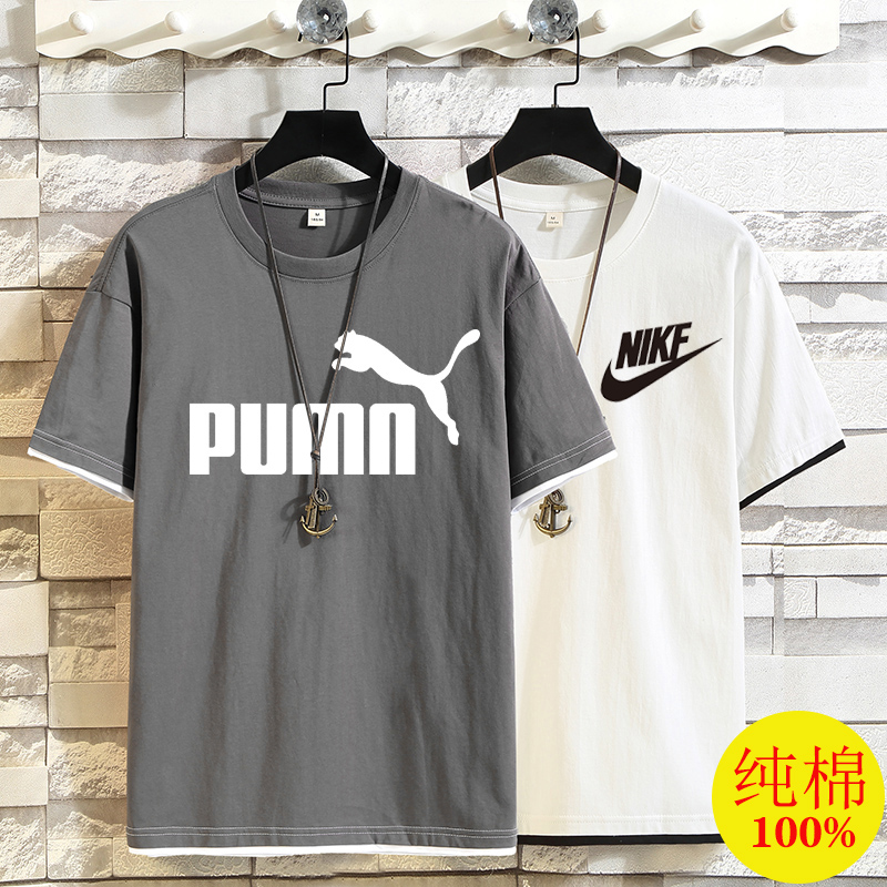 100%全棉夏季短袖t恤男圆领宽松半袖假两件大码男装T恤胖子潮上衣