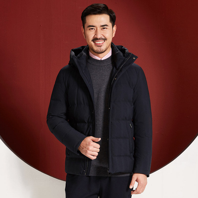 红都羽绒服中年商务连帽白鸭绒鸭绒羽绒男装外套羽绒服