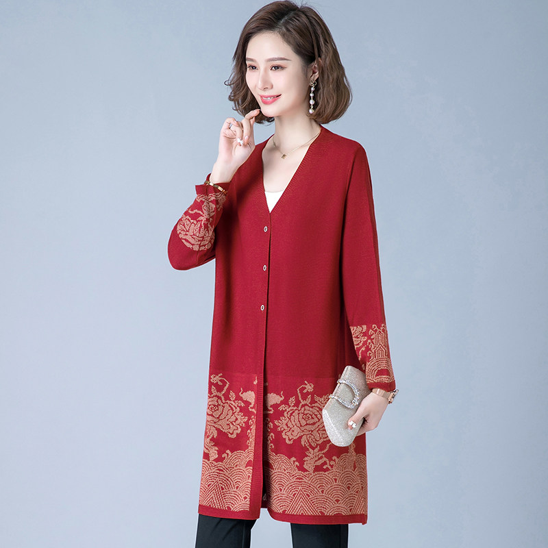 中老年春秋大码冰丝外搭开衫女装中长款胖妈妈中老年女装