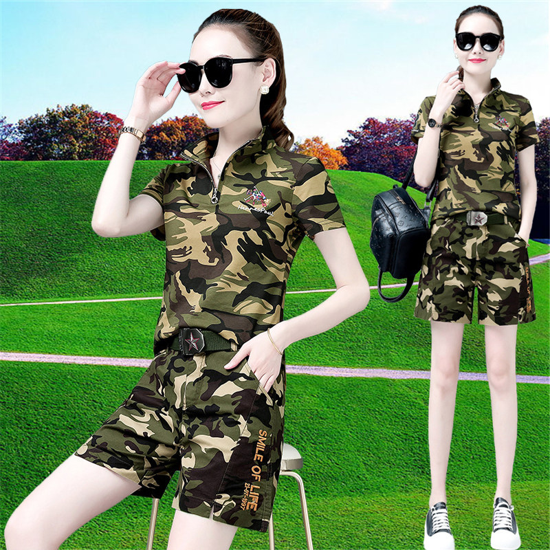 军装迷彩套装2021夏天时尚条纹立领短袖短裤休闲运动套装