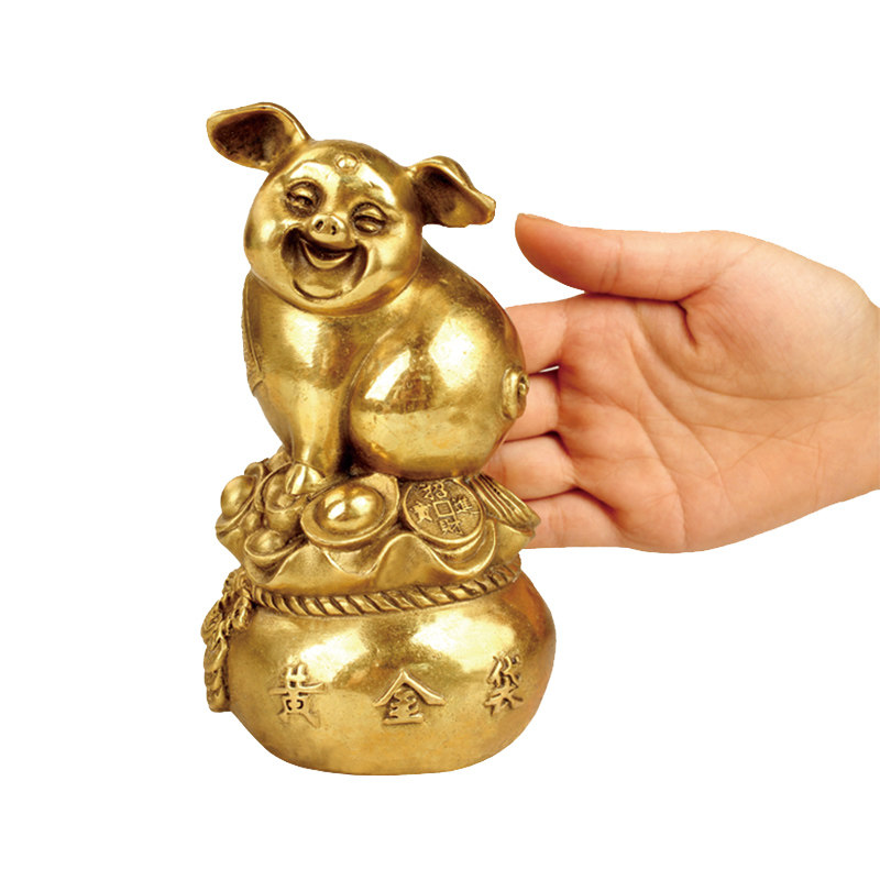 广缘德风水黄铜黄金袋猪家居摆件十二生肖猪铜工艺品摆件