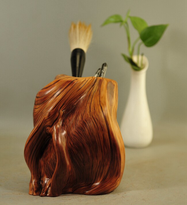 太行崖柏根雕摆件笔架串架倒流流香笔挂笔筒根雕