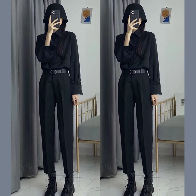 秋冬款洋气质减龄时尚休闲轻熟赫本风黑色衬衫炸街套装裤子两件套