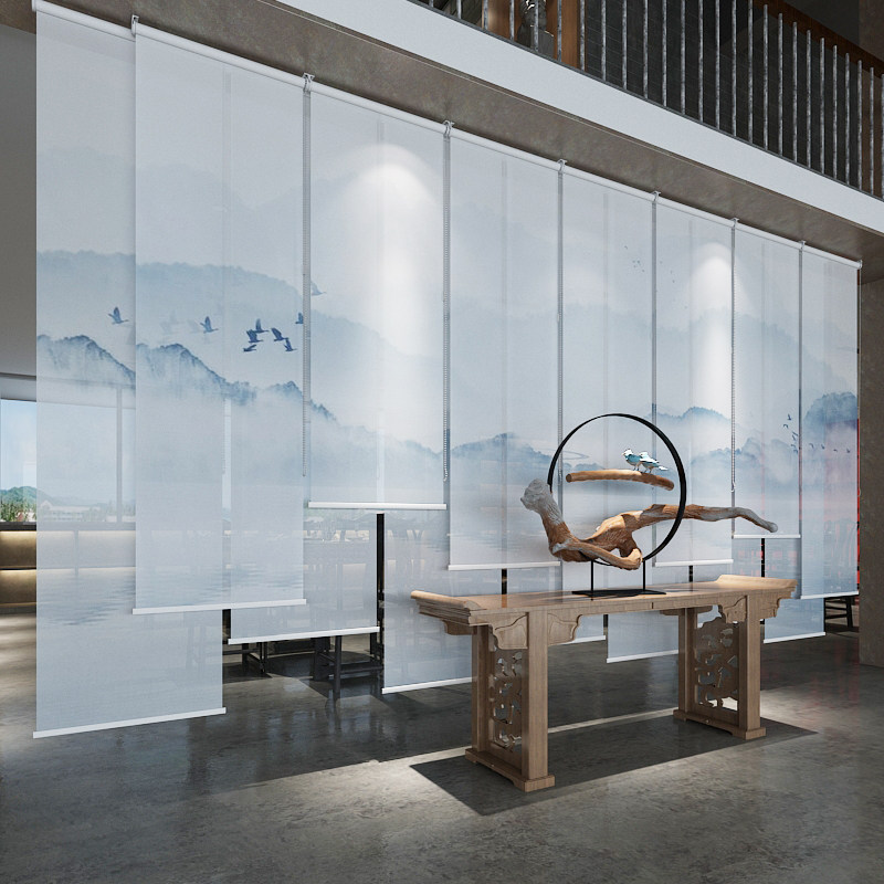 新中式隔断挂帘半透窗帘升降餐厅酒店帘子屏风卷帘