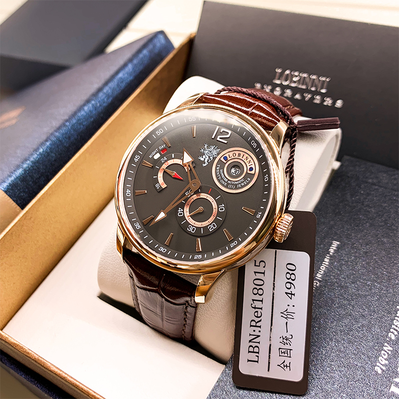 2022新款罗宾尼正品手表男机械表全自动防水男士手表真皮带潮名牌