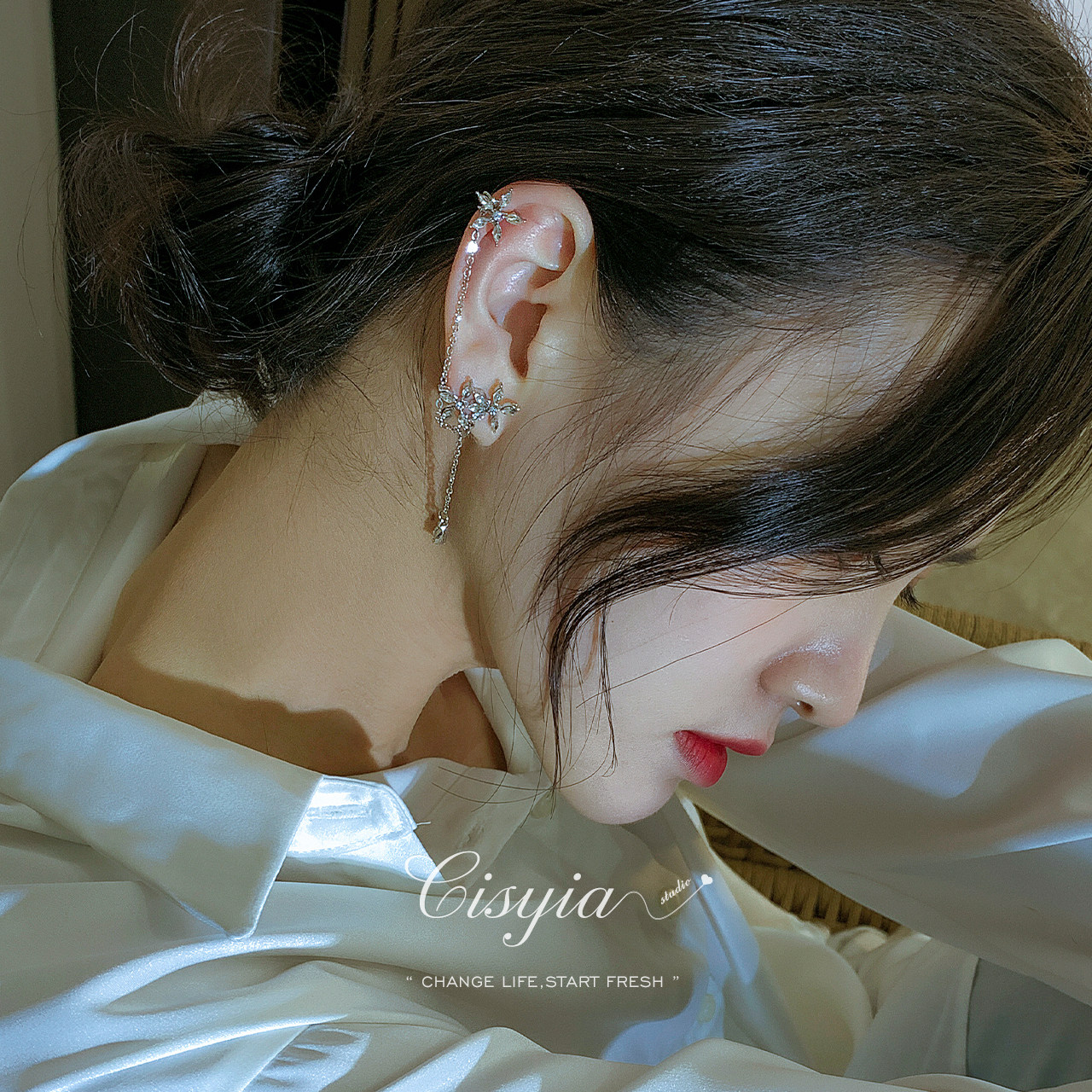CISYIA 不对称花朵耳钉女甜酷2022新款潮气质耳骨夹耳环耳饰银针