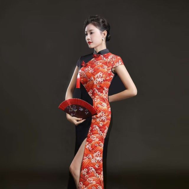 旗袍中国国风2022新款春季鱼尾开叉演出服主持人旗袍