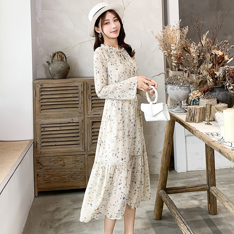 春秋连衣裙长袖喇叭袖长款收腰显瘦仙女女裙复古连衣裙