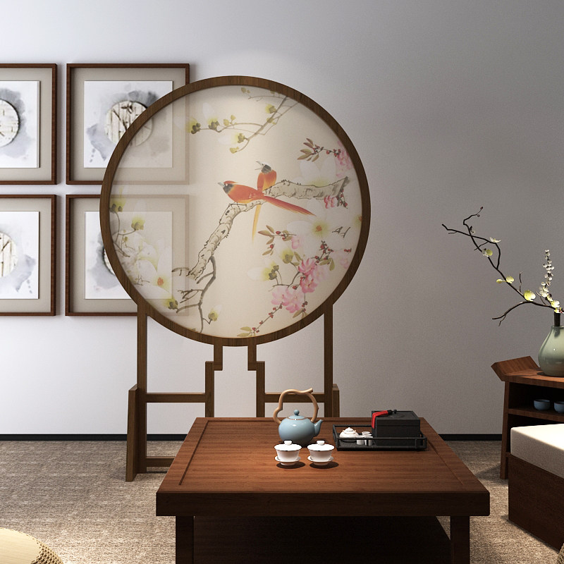 中式实木圆形屏风玄关隔断装饰客厅座屏