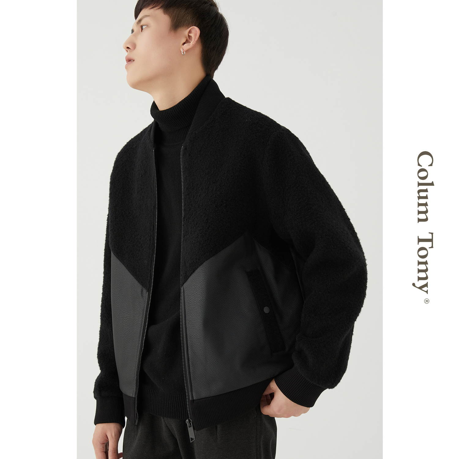 短款羊羔绒外套男士毛呢pu拼接棒球服秋冬季2021新款加厚绒夹克