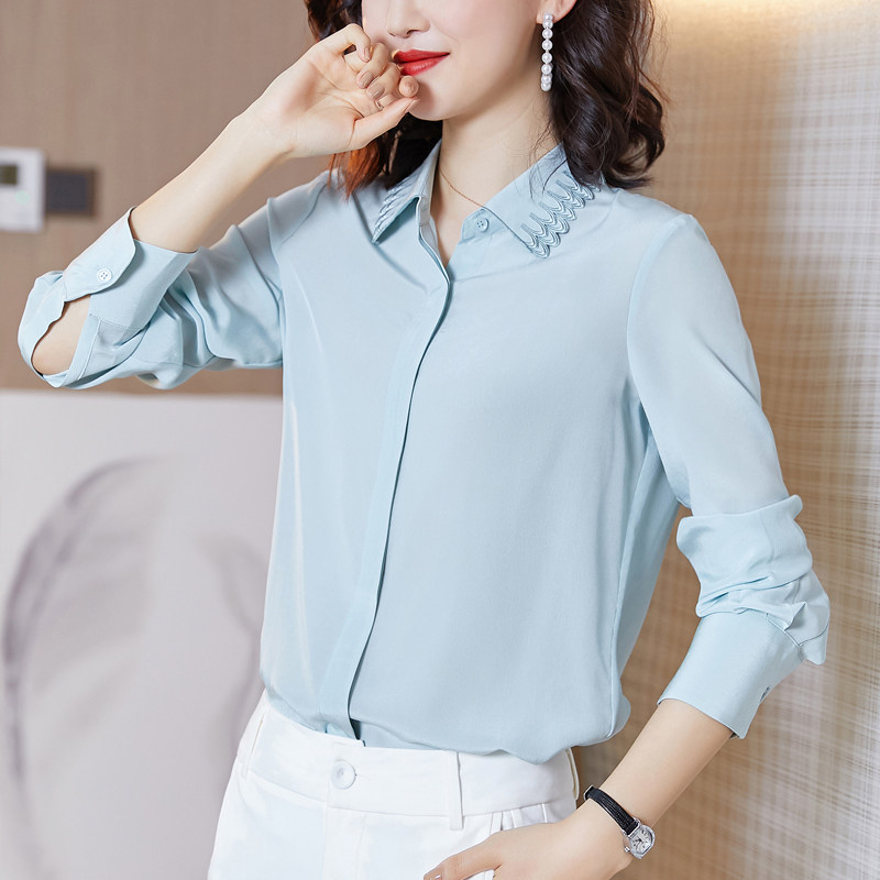 纯色花边刺绣真丝衬衫女2020春装新款长袖女士衬衣桑蚕丝小衫洋气