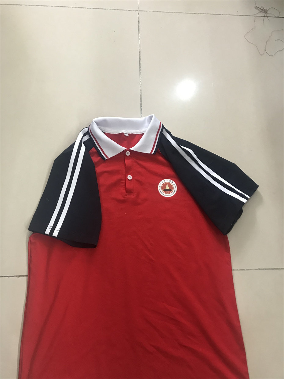 订制中小学生校服红色拼接深蓝袖子子白双条夏季学生校服