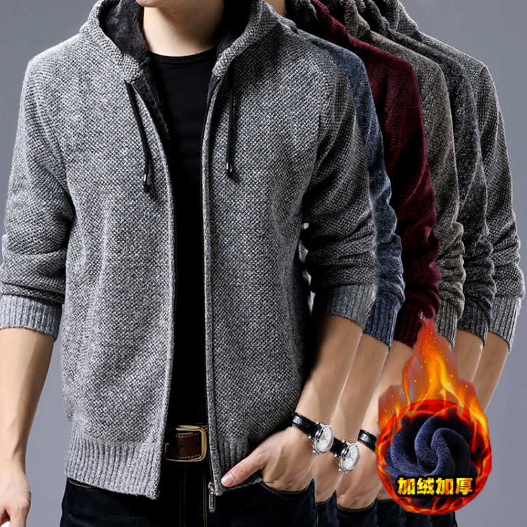 秋冬装休闲夹克男士外套加绒加厚外衣夹克开衫男装青年连帽褂子男