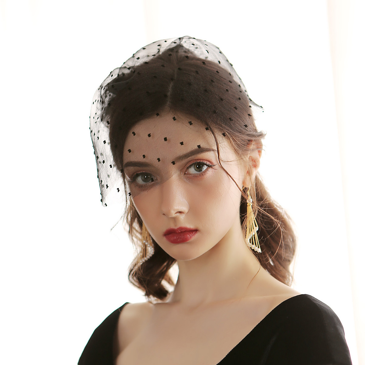 v644法式黑色蝴蝶结遮面短头复古表演拍照道具头纱