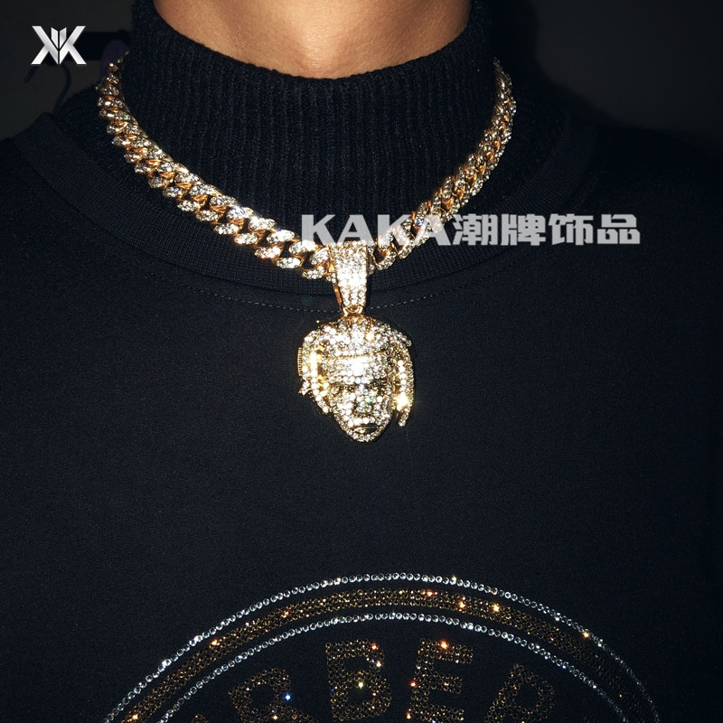 新款大号xxxtentacion头像吊坠满钻古巴男女嘻哈项链项链