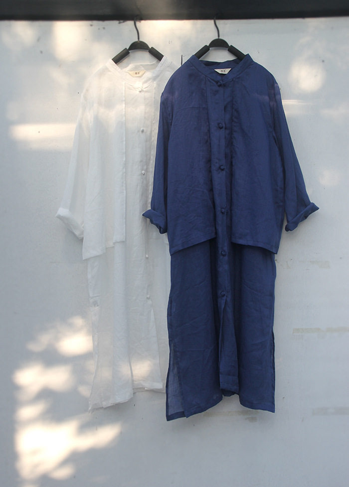 蓝色宽松苎麻对襟立领小盘绿藏衣湖防晒两件衬衫