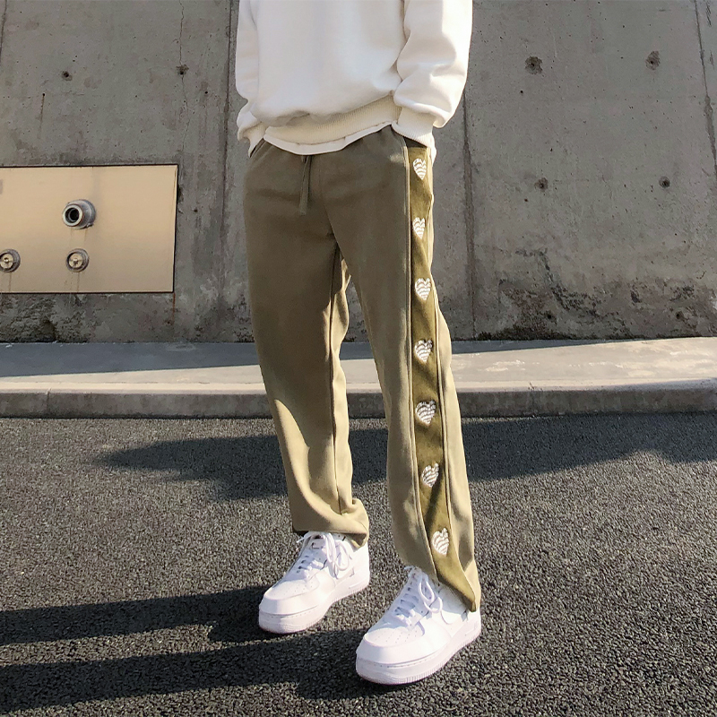 HLG.AMBITIONS 2022春美式高街麂皮绒宽松直筒运动裤男侧边条纹潮