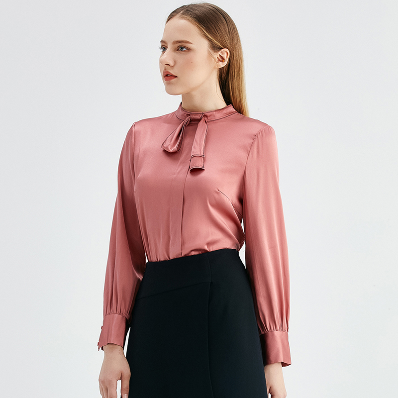 欧柏兰奴女装长袖蝴蝶结领带丝滑衬衫上衣修身显瘦衬衫