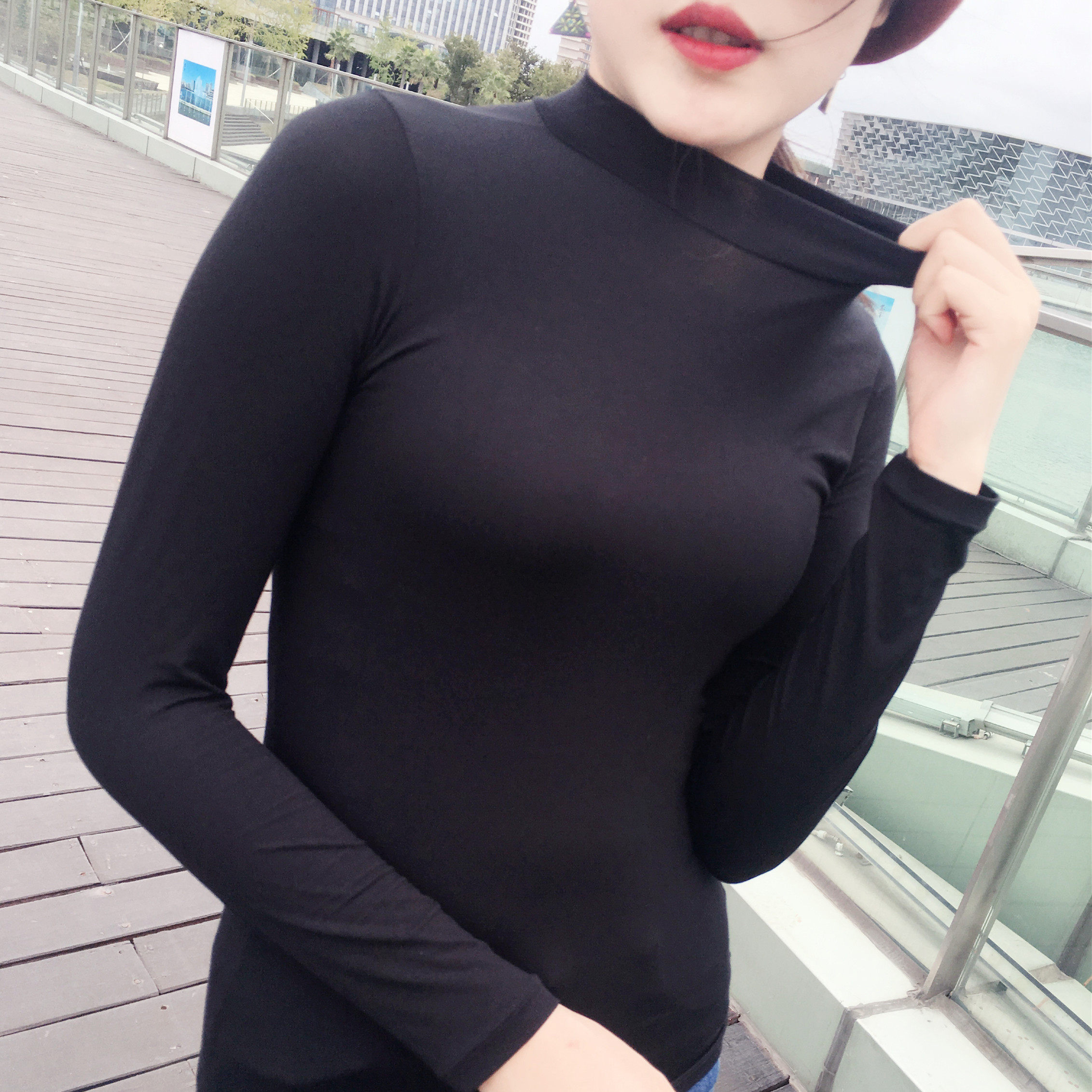 秋冬半高领紧身t恤女打底衫长袖修身百搭中领外穿秋衣黑色小衫薄