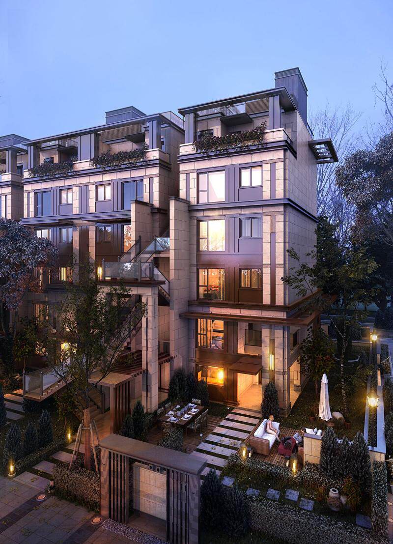 新亚洲花园洋房su大门入户建筑景观庭院别墅新中式设计素材