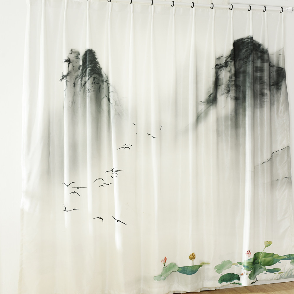 新中式客厅书房水墨山水画禅意窗帘古风遮光中国风高档窗纱布遮光